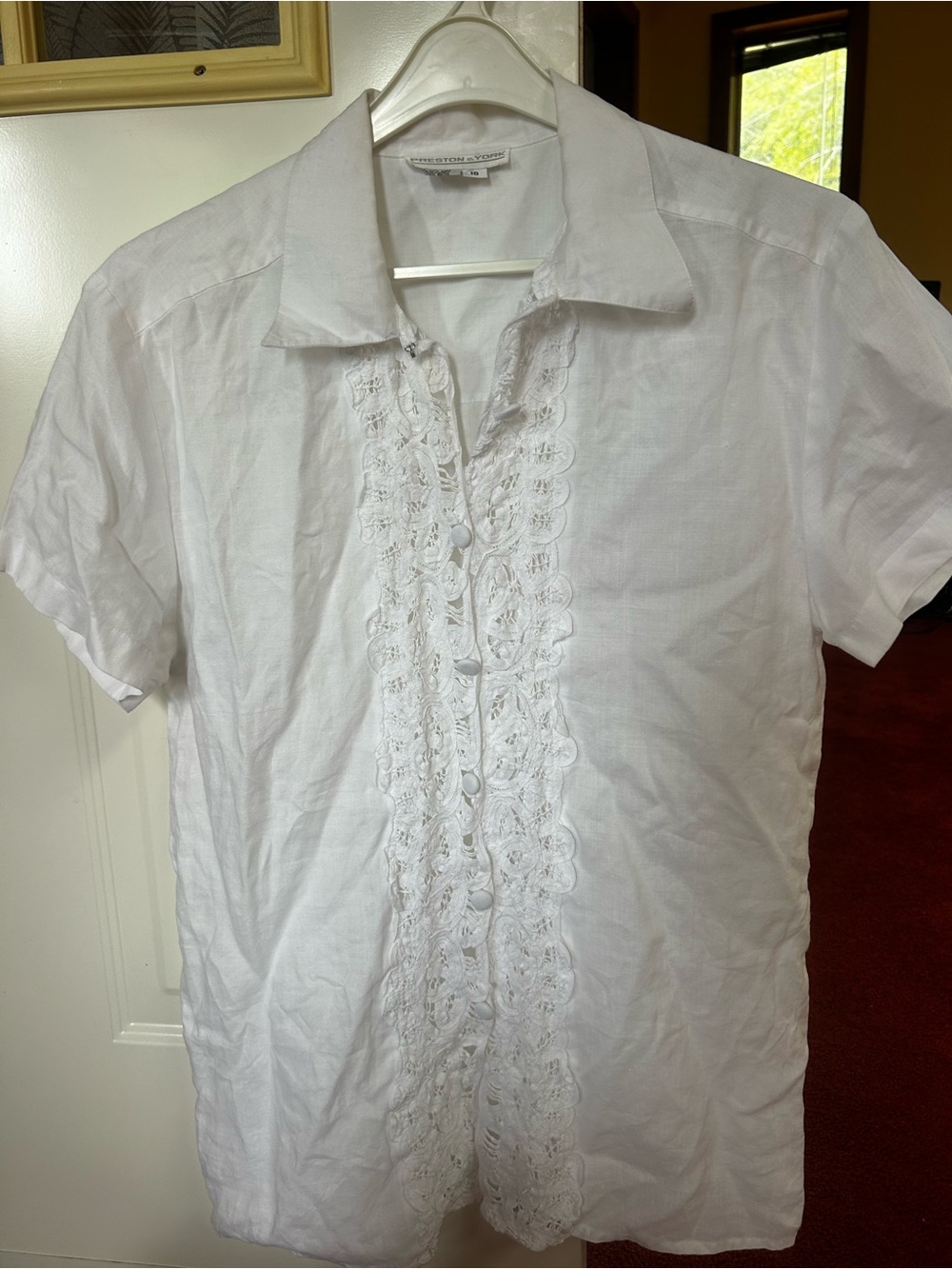 Preston & York White Short-Sleeve Linen Blouse with Lace Placket